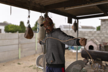 At his home in Seaview Park, Deon Warnick services ringnets, which are used to catch West Coast Rock Lobster, for a friend of his.