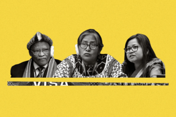 Collage of UN Permanent Forum on Indigenous Issues attendees and snippet of visa paperwork. Image by Grist / Ines Belchior / Ronja Porho / UN DESA DISD; Angela Weiss / AFP / Getty Images.