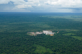An aerial view of mining operations run by KP Cement, Vantage Mining and others inside Prey Lang Wildlife Sanctuary in October 2023. Image by Gerald Flynn / Mongabay.