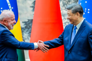Chinese President Xi Jinping and Brazil President Luiz Inácio Lula da Silva in Beijing in May. Image courtesy of Ricardo Stuckert/Brazil government.