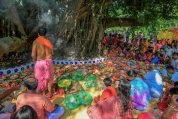 Locals worship an old banyan (Ficus benghalensis) tree in Narayanganj district.