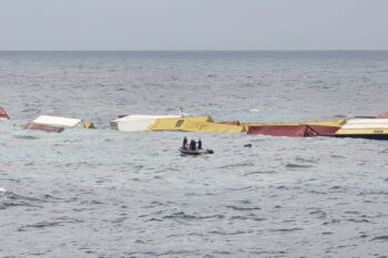 Containers floating at the site of the shipwreck. Image by Spokesperson of the Indian Navy via X.