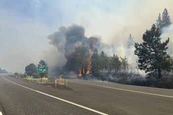 A photo provided by the Oregon Department of Transportation shows a wildfire burning in the median of Interstate 84 as the blaze shut down the highway between Hood River and The Dalles, in Ore. on Wednesday, June 11, 2025. (Oregon Department of Transportation via AP)