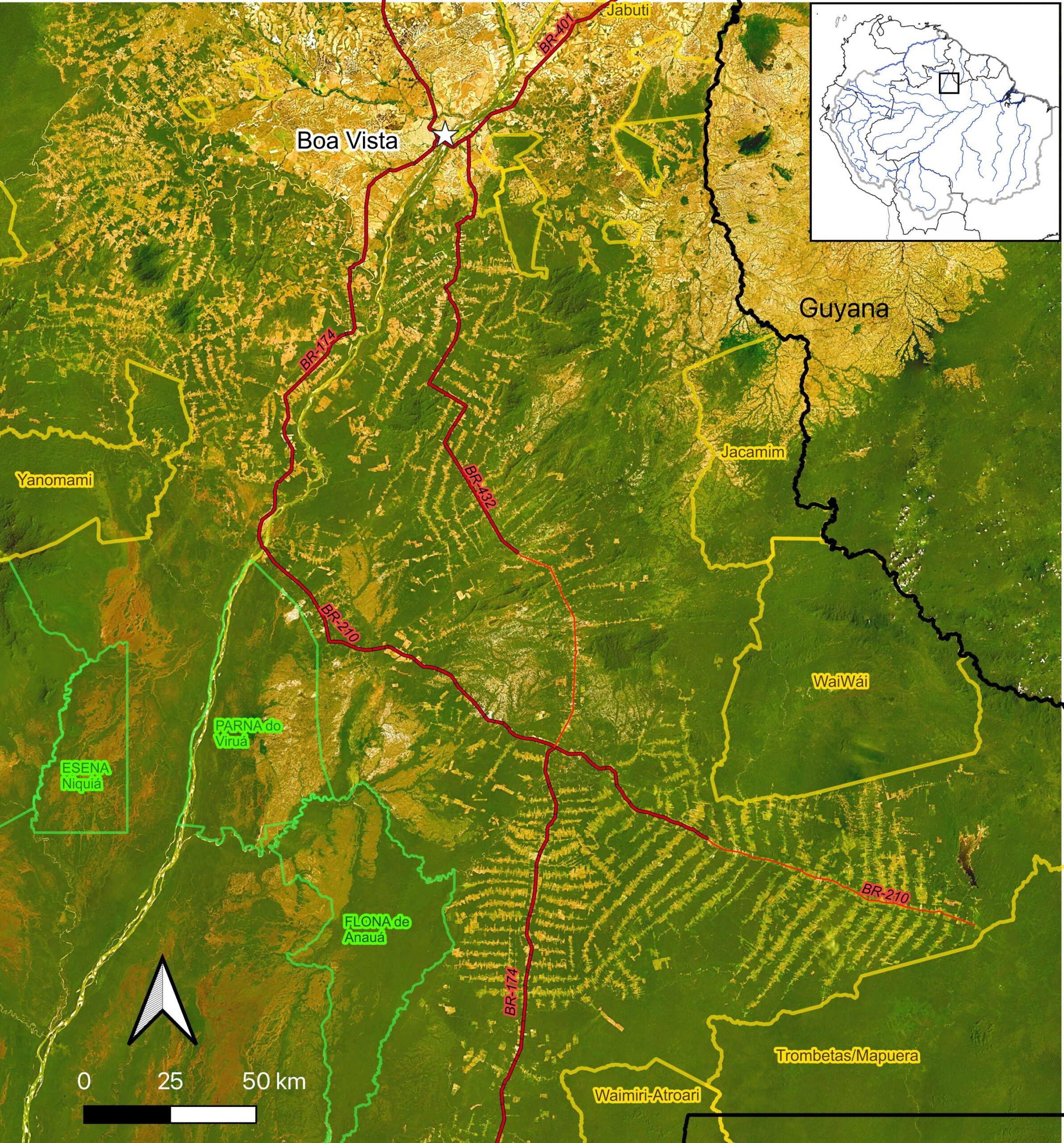 The colonization landscapes in southern Roraima were first established in the 1980s; but in contrast to other highway-related colonization zones, their remoteness from domestic markets has translated into a slow process of deforestation. This will change as free land becomes unavailable in the settlement frontiers in Pará and Rondônia. Image from Google Earth