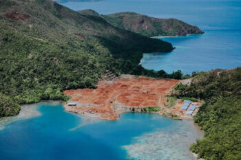 Sediment is clearly visible close to nickel mining operations on Kawe Island, Raja Ampat, discolouring the water in one of Indonesia’s most biodiverse marine areas. The concession covers an area of 5,922 hectares and is located within the mega-biodiversity region of Raja Ampat, West Papua. Image courtesy of Greenpeace.