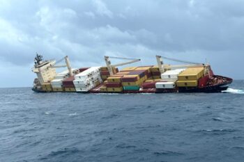 Banner image of the Liberia-flagged vessel MSC Elsa 3 that sank on May 25 off southern India. Image courtesy of the Indian Coast Guard.