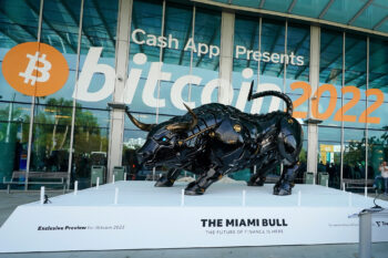 The Miami Bull, a robot-like statue of a bull, is meant to emulate Wall Street’s “Charging Bull,” and was unveiled to kick off the Bitcoin 2022 conference.