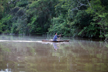 A member of the Indigenous Tikuna nation paddling a dugout canoe on a tributary of the Amazon in Colombia. Photo by Rhett A. Butler/Mongabay.