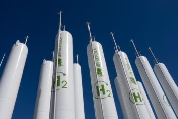 Hydrogen storage tanks are visible at the Iberdrola green hydrogen plant in Puertollano, central Spain, March 28, 2023.