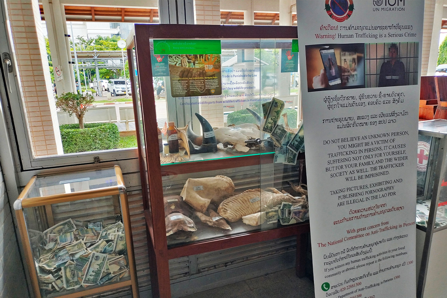 At Wattay International Airport in Vientiane, anti-wildlife smuggling adverts now sit behind adverts warning against human trafficking.