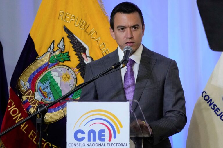 President Daniel Noboa discusses security issues in Ecuador at a press conference last year. (AP Photo/Dolores Ochoa)