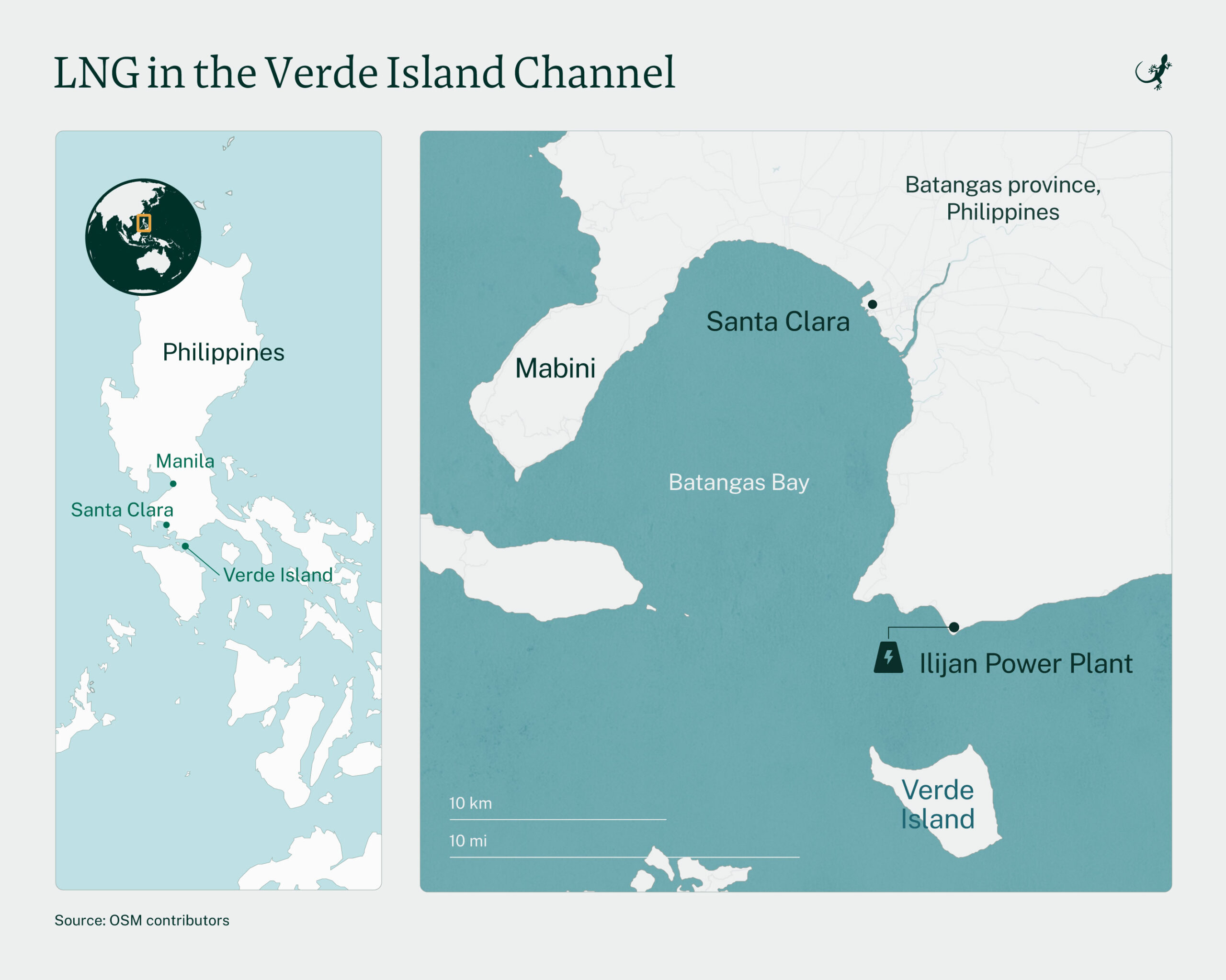 Map showing the locations around Batangas City and Verde Island.
