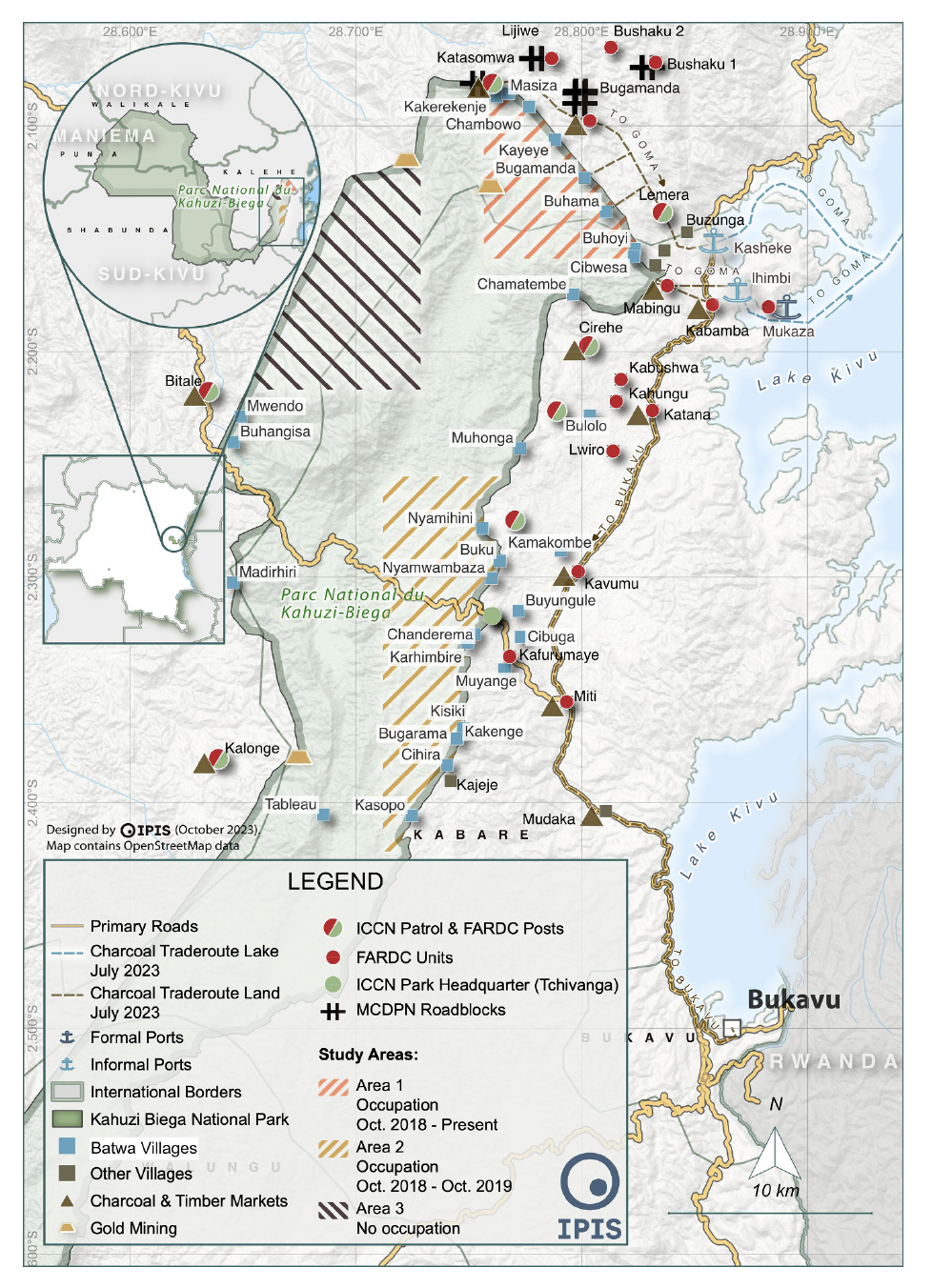 Map of Kahuzi-Biega National Park’s highland sector. Image from ‘Indigenous Forest Destroyers or Guardians? The indigenous Batwa and their Ancestral Forests in Kahuzi-Biega National Park, DRC’ published in World Development. Republished with permission from Fergus O’Leary Simpson and Thomas Muller.