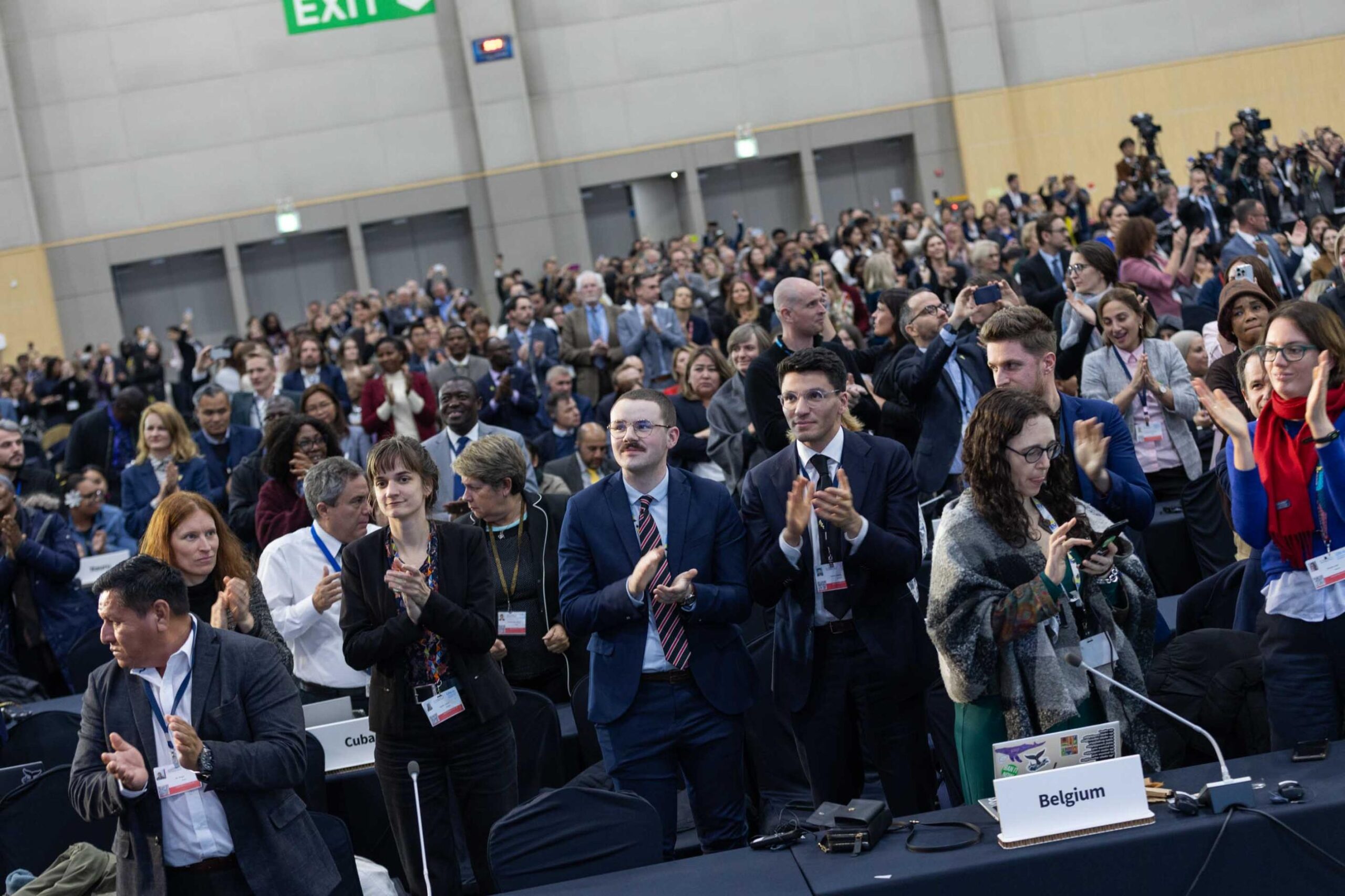 Countries supporting a legally binding treaty with a cap on plastic production, ban of toxic chemicals and a voting mechanism stand up to applaud the 2024 plenary at INC-5.1