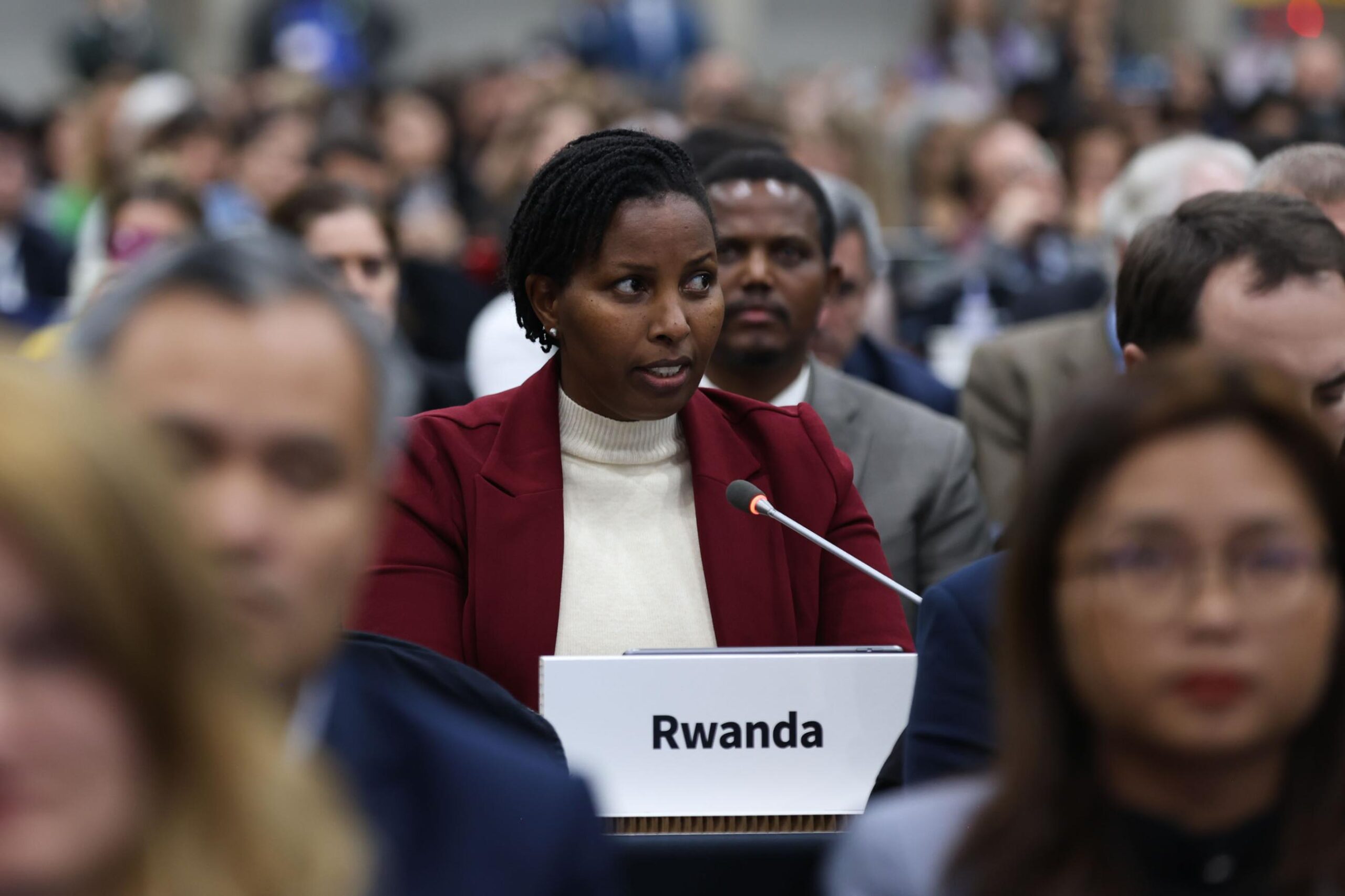 Juliet Kabera of Rwanda, speaking on behalf of the 85 countries of the High Ambition Coalition to End Plastic Pollution, at INC-5.1 in Busan, South Korea.