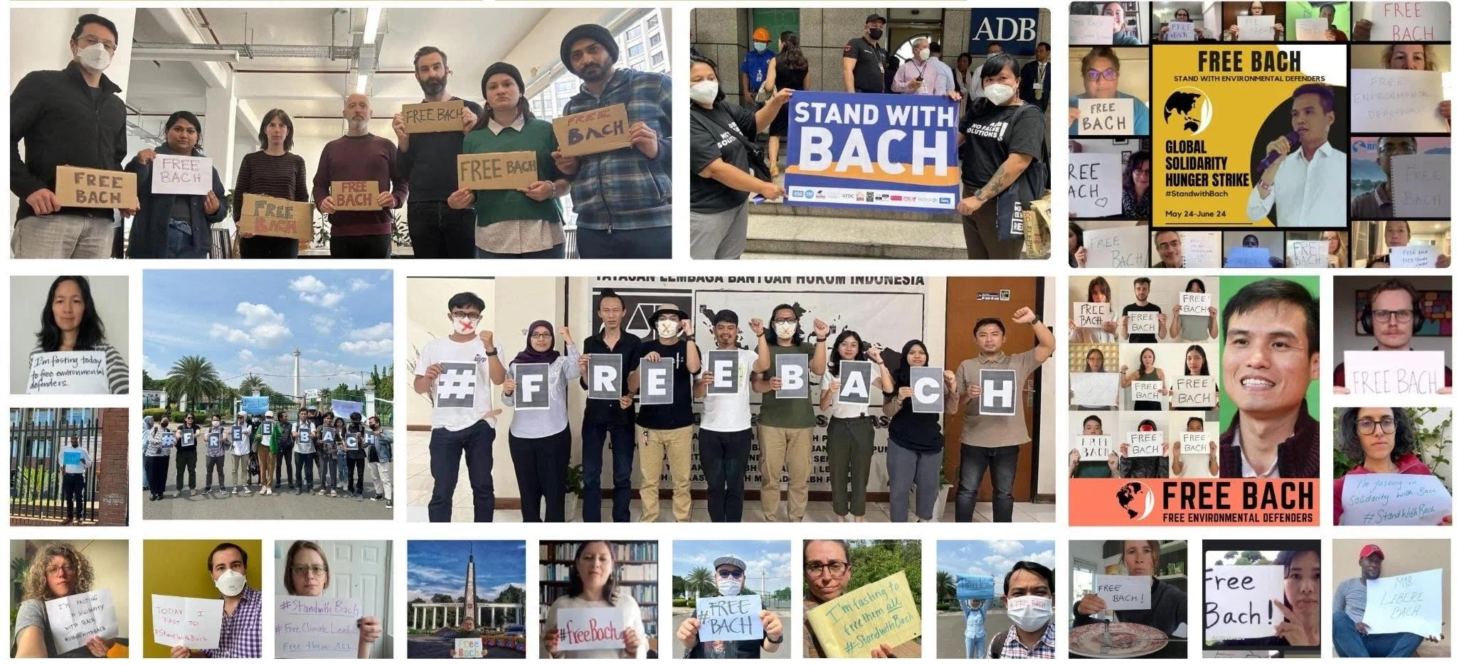 A montage of dozens of signs and social media posts calling for Bach's release.