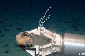 Banner image of a remotely operated vehicle KIEL 6000 holding a manganese nodule in the sought-after Clarion-Clipperton Zone by the ROV-Team/GEOMAR via Wikimedia Commons (CC BY 4.0).