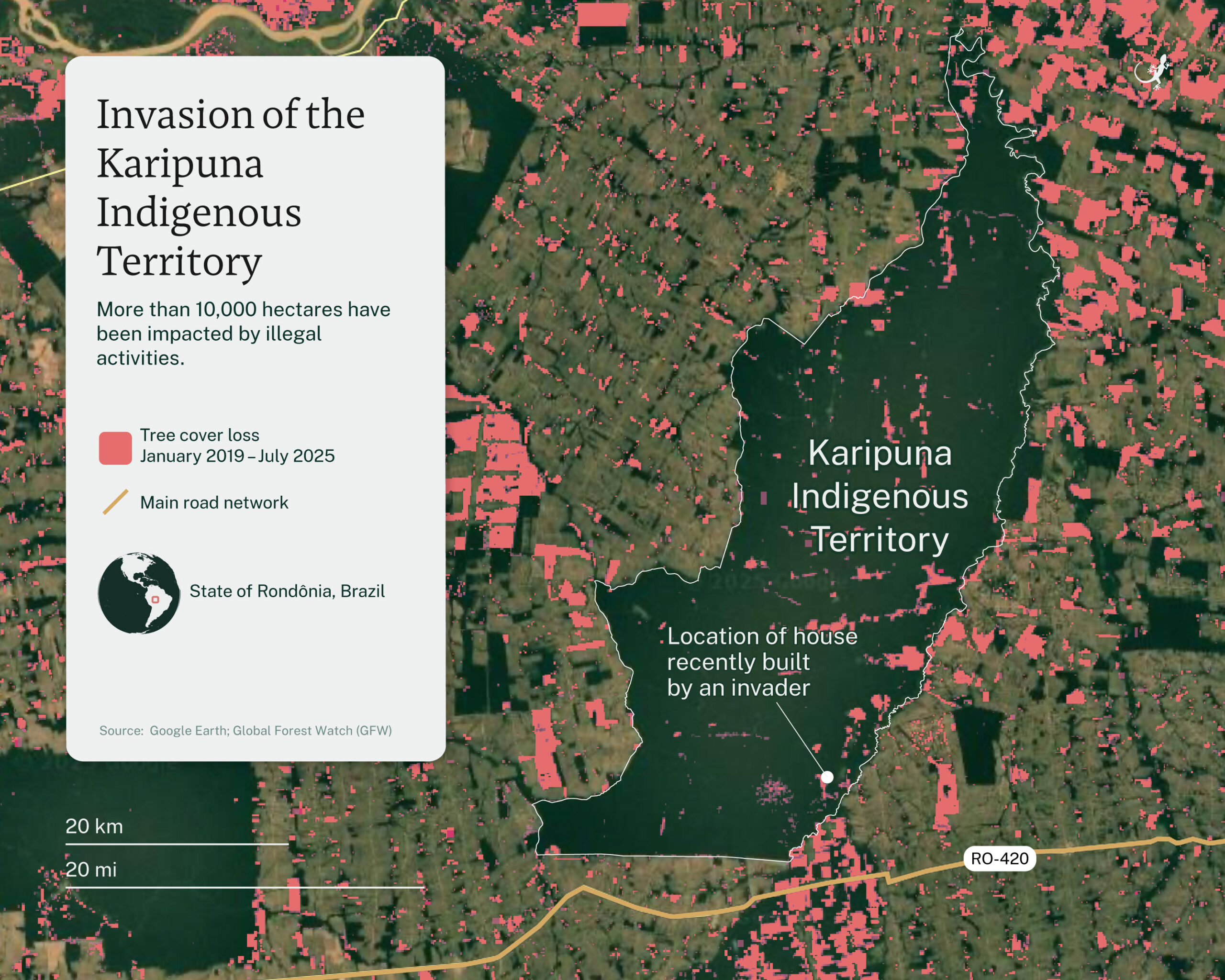 Forest loss on Karipuna Indigenous Territory from 2019-25. Map by Andrés Alegría/Mongabay.