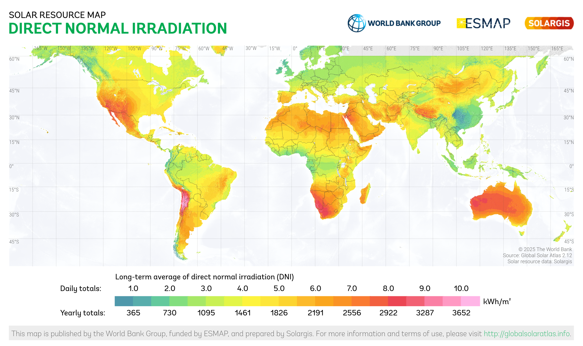 Map showing solar irradiation around the world.