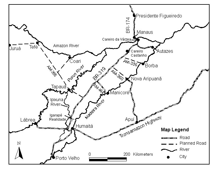 Brazil’s new licensing accord is a gateway to forest destruction via the BR-319 highway (commentary) 2 Figure 1. Map of BR-319 and planned state side roads. Image courtesy of Fearnside & Graça, 2006.