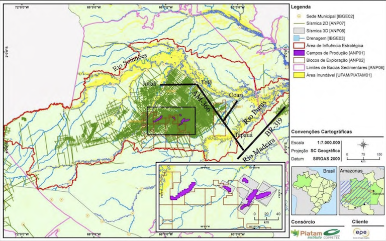 Brazil’s new licensing accord is a gateway to forest destruction via the BR-319 highway (commentary) 4 Figure 3. Map of the “Solimões Sedimentary Area” oil and gas project. The green lines have already had seismic prospecting for gas and oil. The brown squares are the first drilling blocks, with rights sold to Rosneft. The planned AM-366 highway would connect this area to BR-319. Image courtesy of EPE.