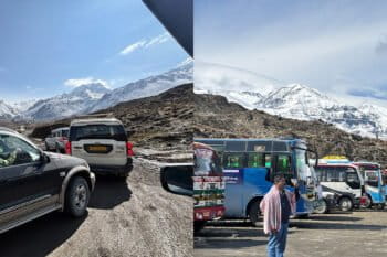 Tourists making their way to the Muktinath temple in Mustang (left). Buses ferrying tourists parked near the Muktinath temple (right). Images by Abhaya Raj Joshi/Mongabay.