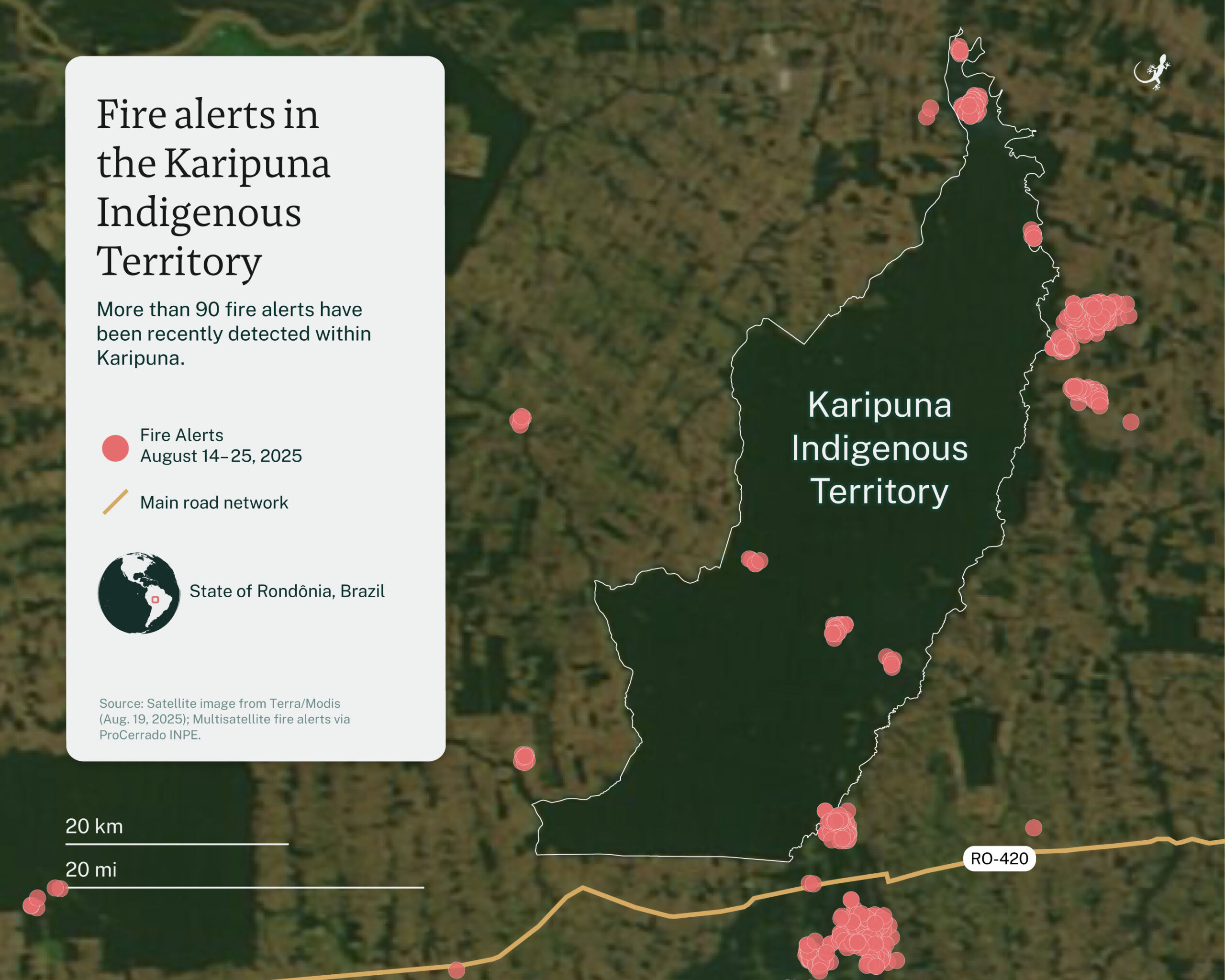 Satellites record dozens of fires across the Karipuna Indigenous Territory from Aug. 14-25. Map by Andrés Alegría/Mongabay.