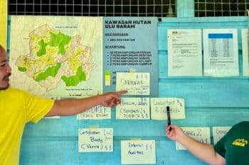 Long Moh community member Kuleh and SAVE Rivers staff Samban Tugang at carbon workshop April 2025. Image courtesy of Fiona McAlpine / Borneo Project.