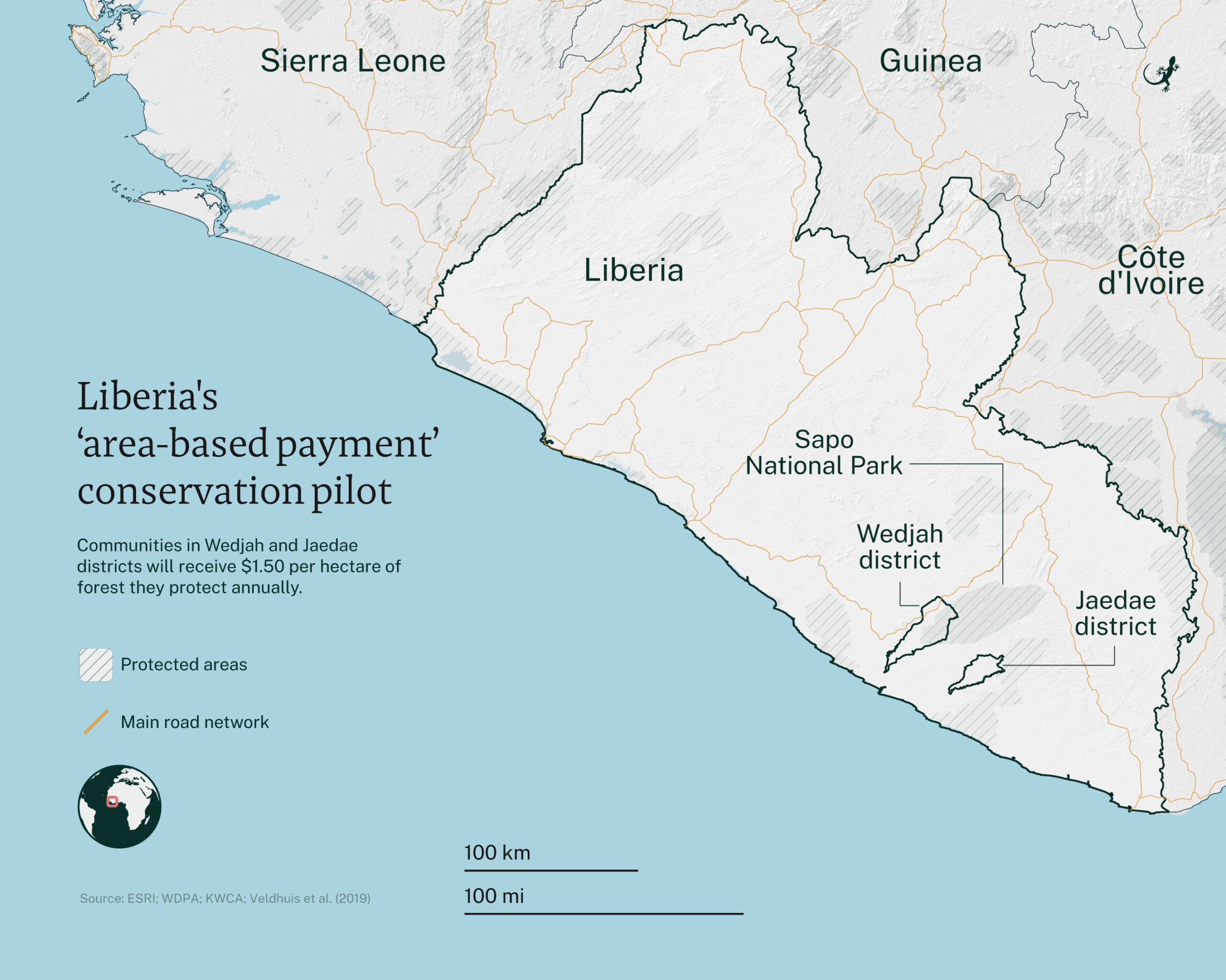 Map showing Liberia's Sapo National Park, and the southeastern districts of Wedjah and Jaedae, where communities will receive $1.50 per hectare of forest they protect annually.