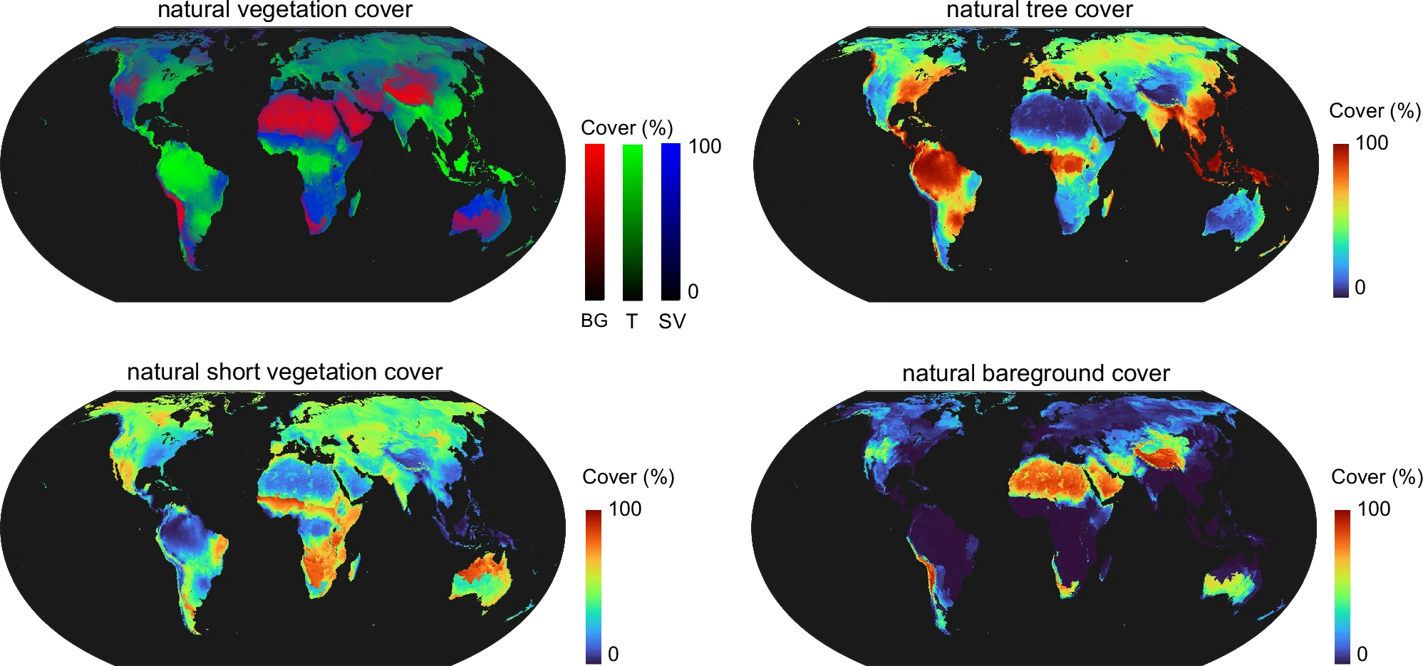 Bastin’s map of global natural vegetation cover per pixel in 2015 under a median fire and herbivory scenario, with separate maps for potential tree, short vegetation and bareground cover.