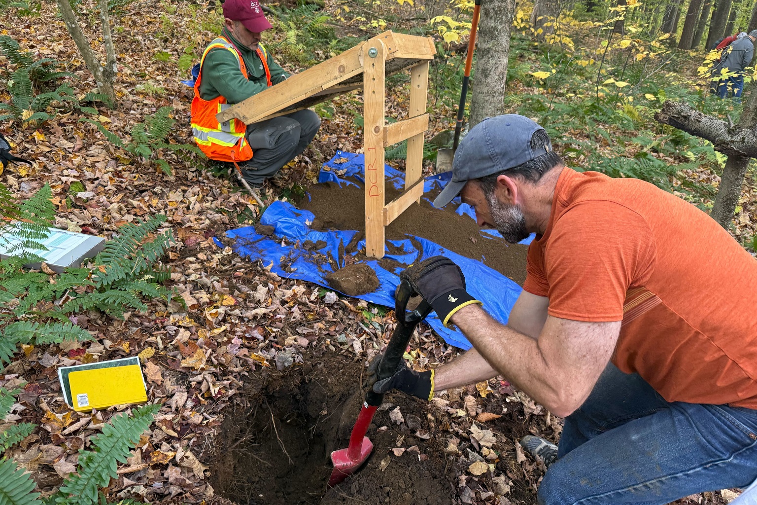 Researcher Jonathan Sanderman collects soil samples in Mohawk Trail State Forest, Massachusetts, U.S. To date, most research into soil carbon has been conducted in temperate and Arctic regions — more research on tropical soils is needed to get a detailed global picture.