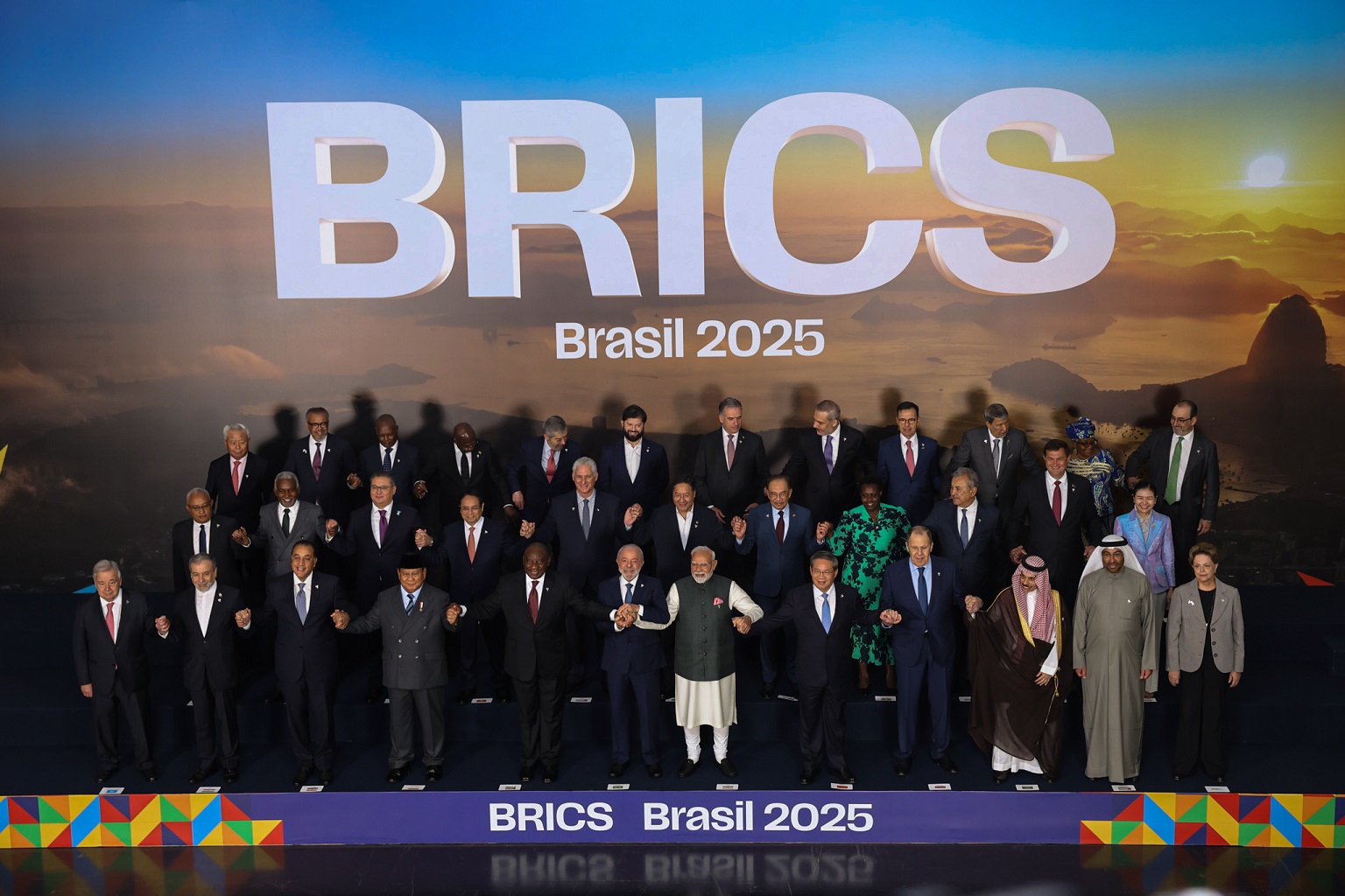 BRICS leaders and guest officials pose for a photo at the bloc’s summit in Rio de Janeiro, in July.