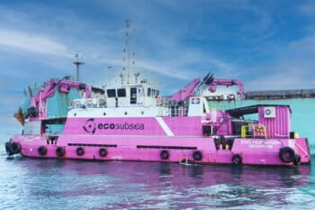 The “pink panther,” operated by the company ECOsubsea, conducts a hull cleaning of vessel Frontier Kotobuki in Singapore.