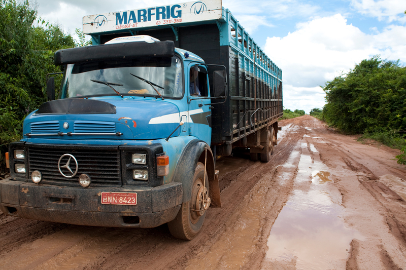 A Marfrig truck on an Amazon dirt road. The company bills itself as the world’s largest hamburger producer.
