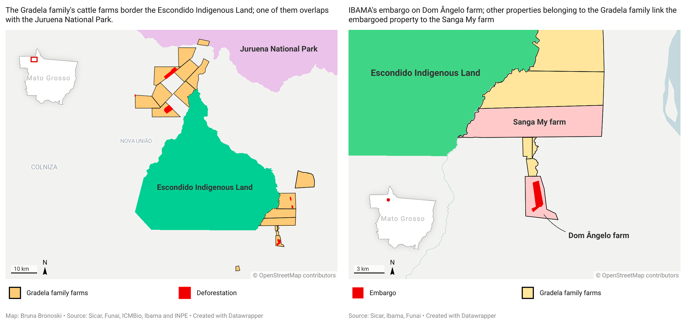 All Gradela farms, highlighting Sanga My, Conservation Unit, Escondido IT and the deforestation.