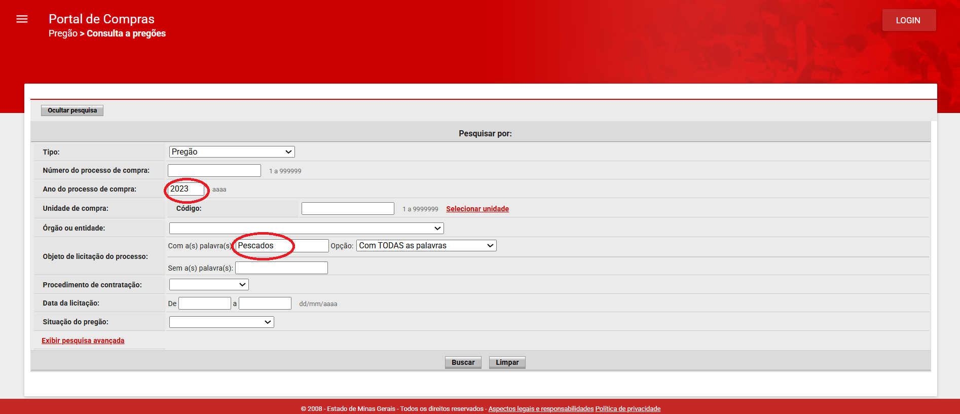 Search the objeto field using keywords and repeat it for each year as there’s a limit on how many results can be shown in each search.
