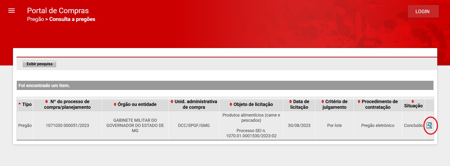 For each tender in the list of search results, click the magnifying glass icon to open the tender page.