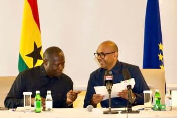 Ghanaian Minister Emmanuel Armah-Kofi Buah (left) and the former EU Ambassador to Ghana Irchad Razaaly (right) at a Ghana-EU FLEGT Voluntary Partnership Agreement event in August 2025. Image courtesy of the Ghana Forestry Commission.