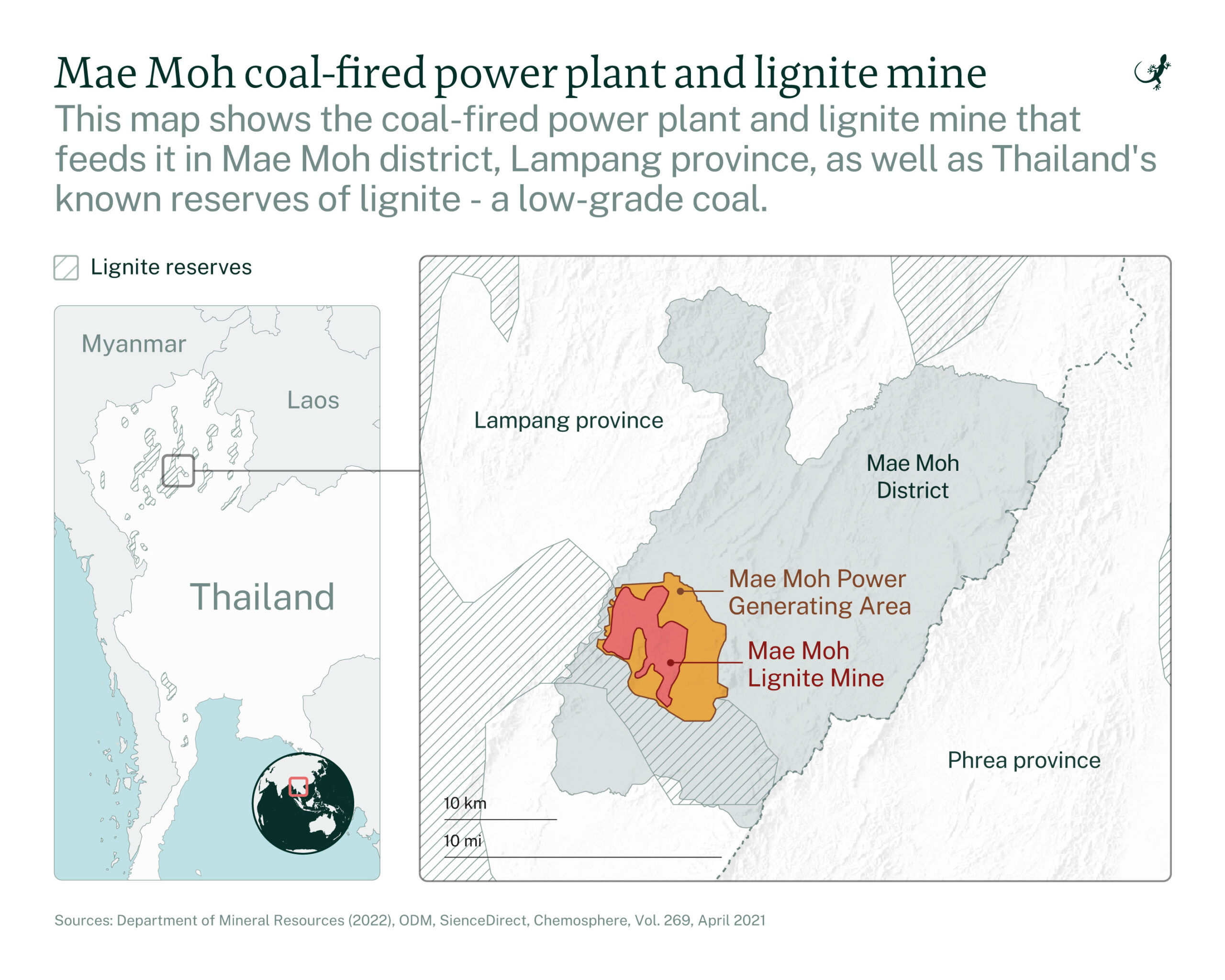 These maps show the Mae Moh power plant and lignite mine in relation to Thailand's known lignite reserves, the majority of which sit in the north of Thailand. Image by Emilie Languedoc / Mongabay.