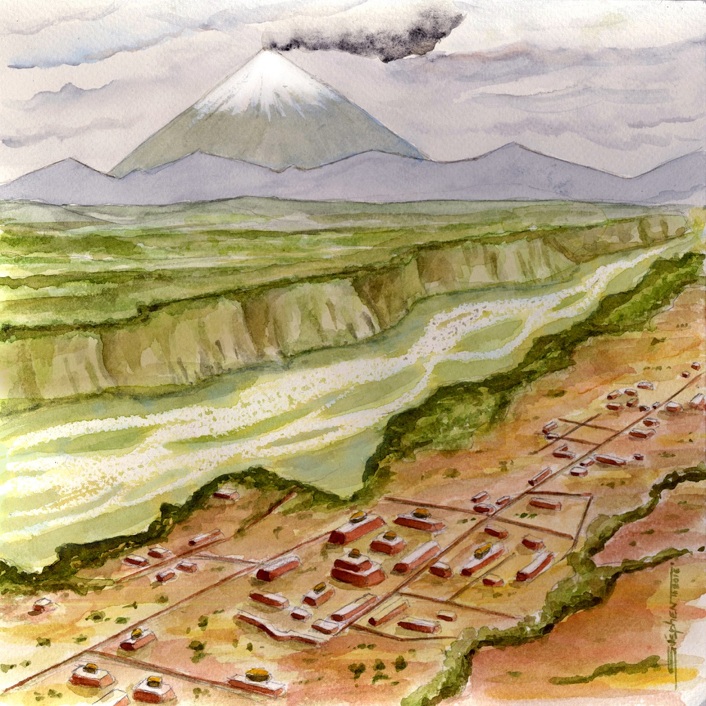 Rostain’s painted view of what the Upano Valley under the Sangay volcano in Ecuador may have looked like.