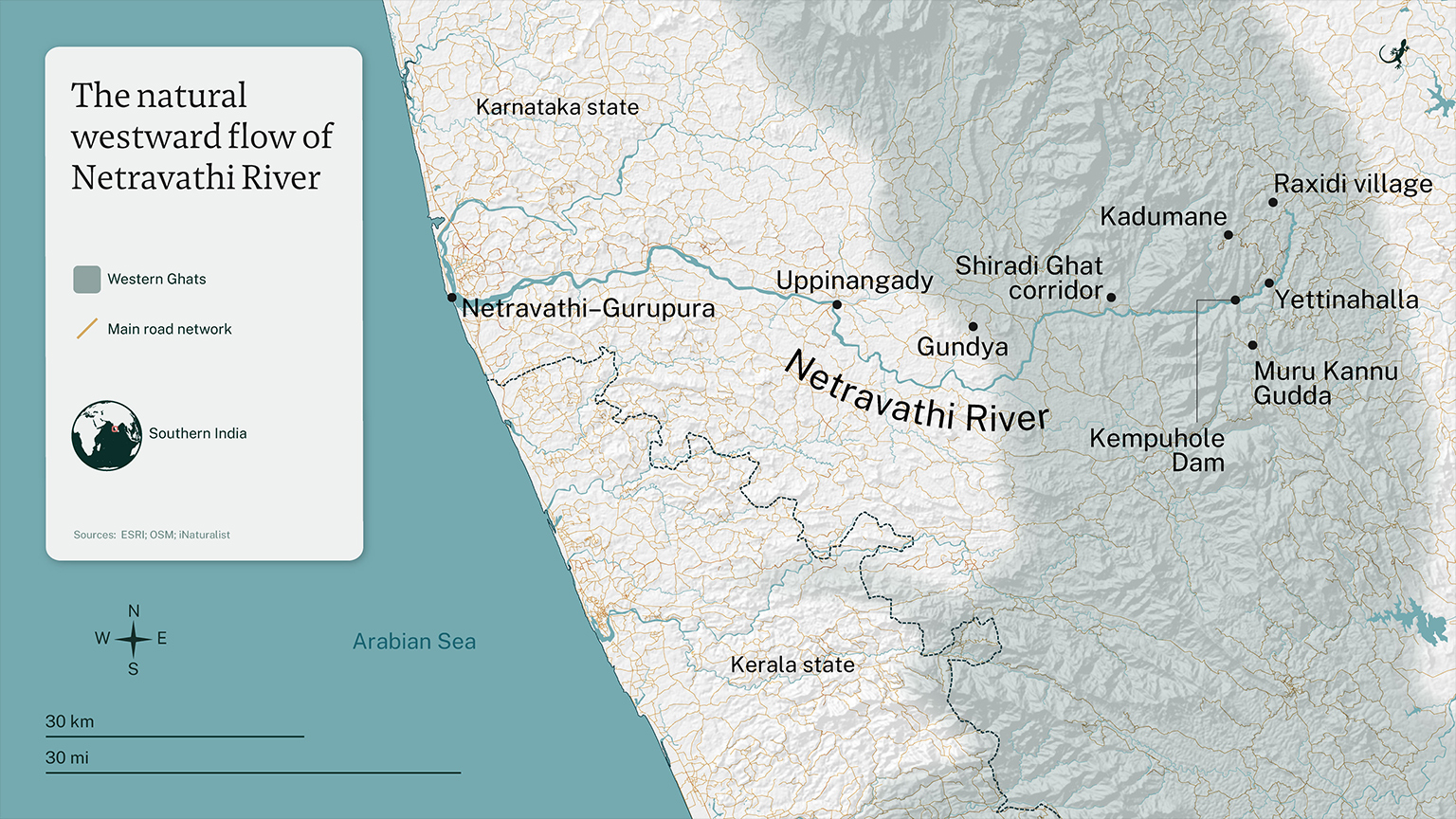 Map: The Yettinahalla and several other west-flowing streams feed the Gundia River Basin, in a series of waterways that merge with the Netravathi River as it drains into the Arabian Sea