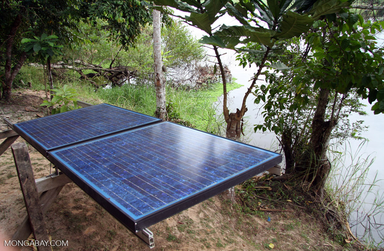 Solar panels installed in a forested area in Gabon. Image by Rhett A. Butler/Mongabay.