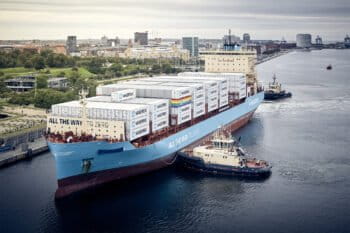 The Laura Mærsk arrives at port in Copenhagen in September 2023 for a name-giving ceremony.