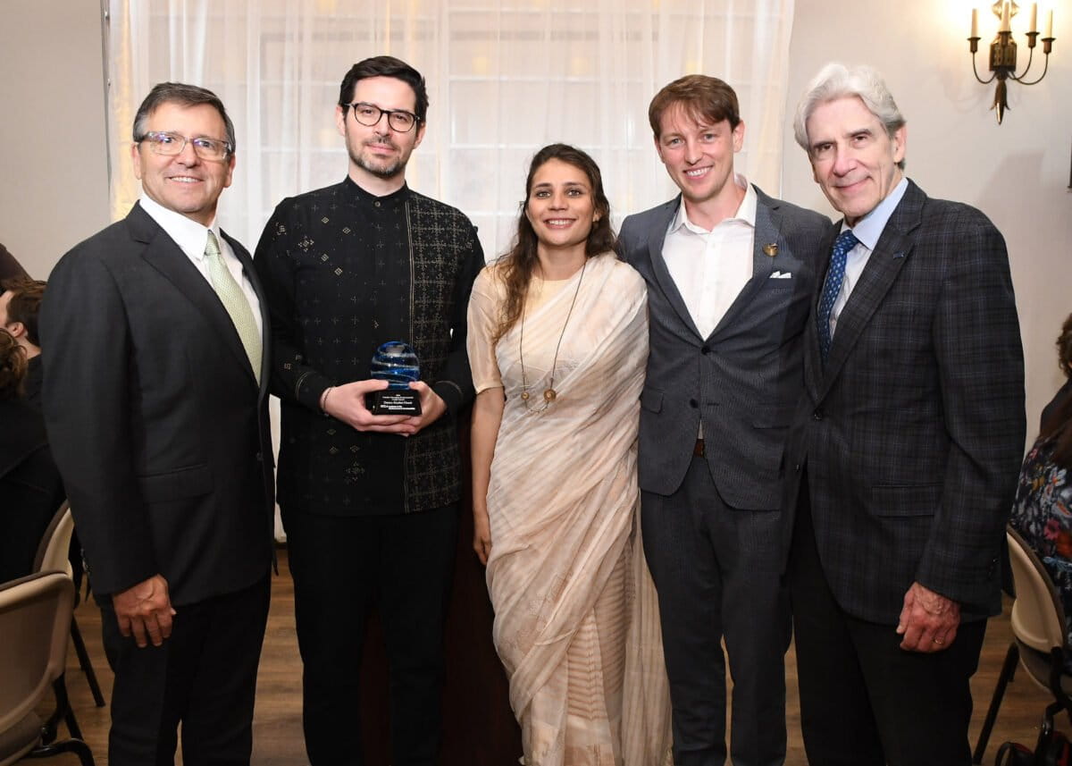 (Left to right) Tony Pritzker; Bertram Flesch, who accepted the award on behalf of his wife Denica Riadini-Flesch;  Seema Lokhandwala; Anthony Waddle; and UCLA Chancellor Julio Frenk. Image courtesy of UCLA's Institute of the Environment and Sustainability.