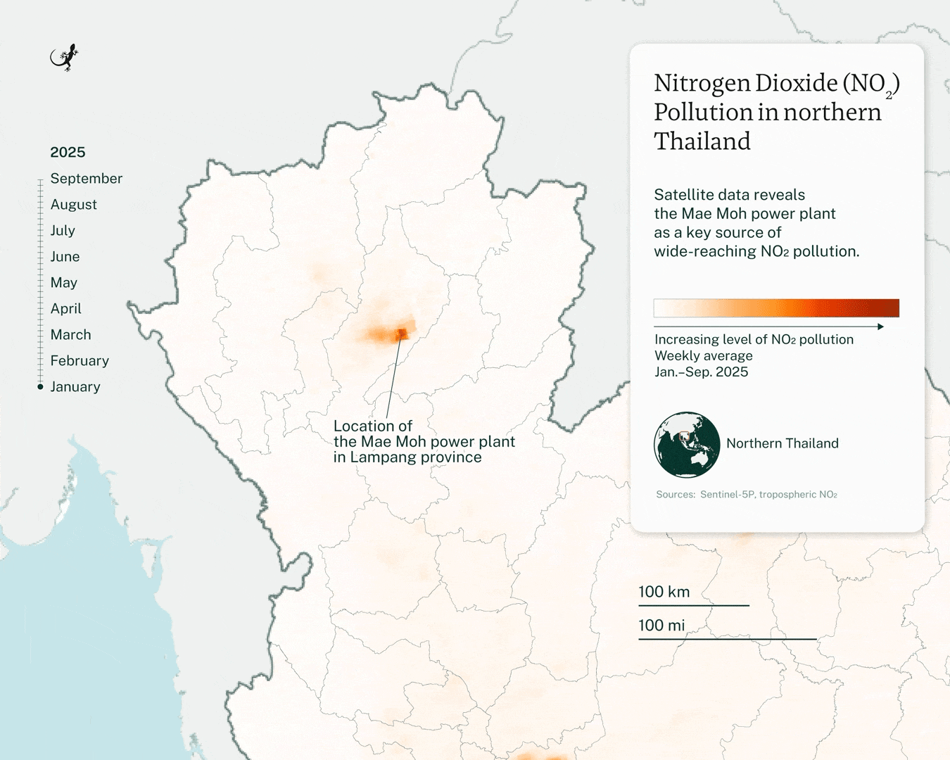 Satellite data from Sentinel-5P shows NO2 pollution across northern Thailand, with the Mae Moh power plant as a hotspot for emissions. Image by Andrés Alegría / Mongabay.