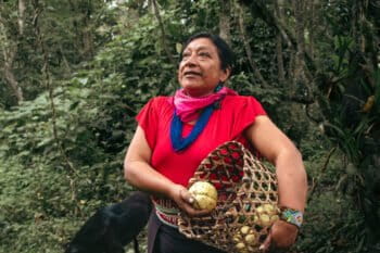 Mamá Conchita in her chagra with her dogs.