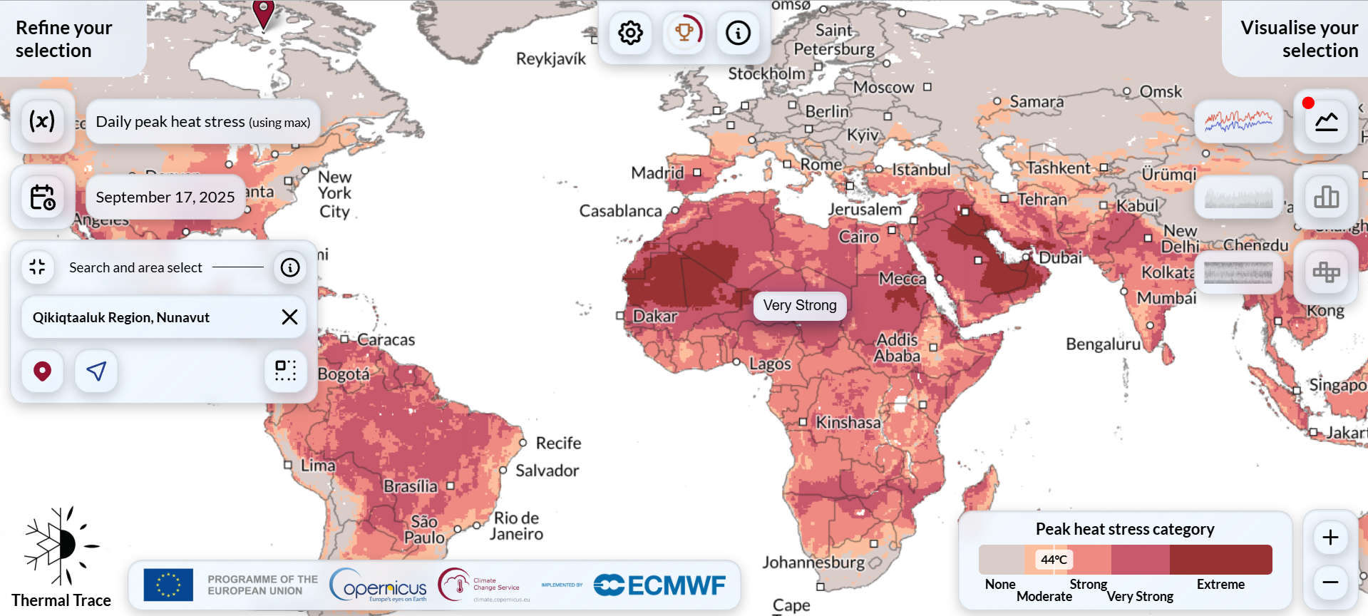 Heat stress around the world on Sept. 17, 2025. The Thermal Trace app allows users to look at temperature, “feels-like” temperature, and thermal stress categories anywhere in the world, from 1940 to five days before present.