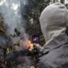 Researcher measures fire behavior during the 2023 dry season in the Tapajós National Forest (PA). Image courtesy of Marizilda Cruppe/Rede Amazônia Sustentável.