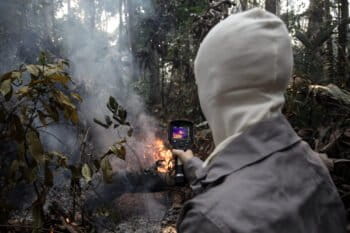 Researcher measures fire behavior during the 2023 dry season in the Tapajós National Forest (PA). Image courtesy of Marizilda Cruppe/Rede Amazônia Sustentável.