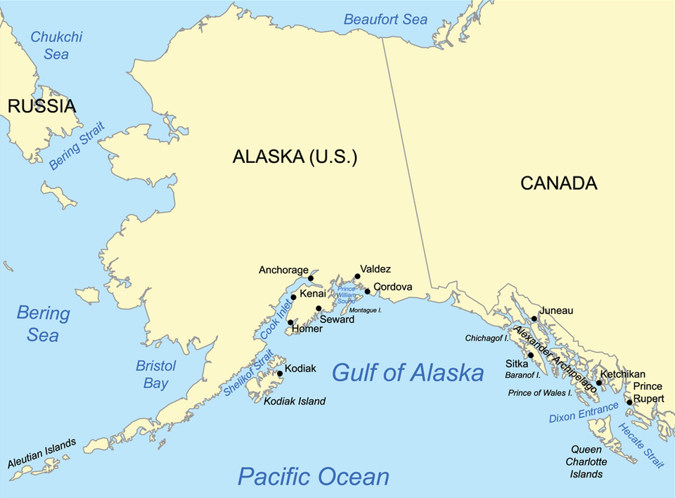 Map of the Gulf of Alaska showing the major geographic points named in this story.